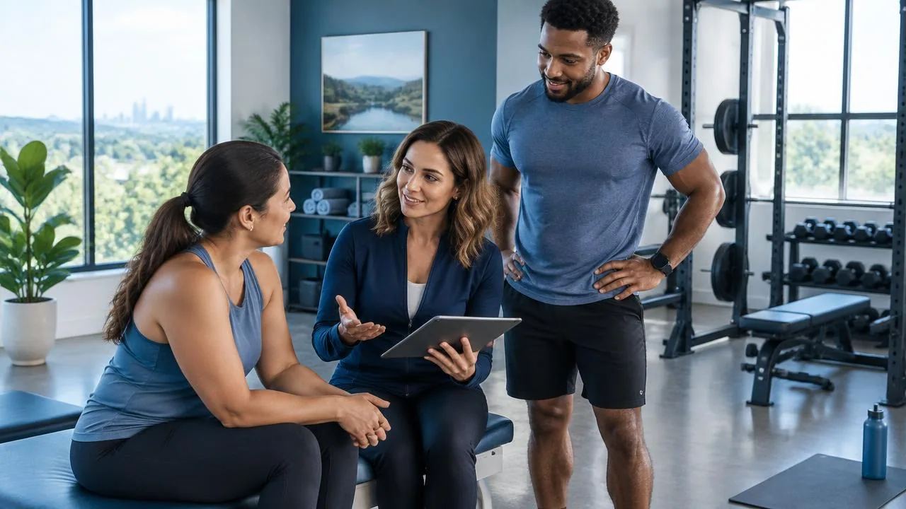 Coach reviewing a client's weight loss plan at a wellness clinic in Austin, Texas