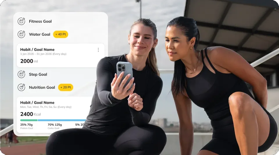 Two women looking at a phone next to app challenge goals for steps, water and nutrition with points earned