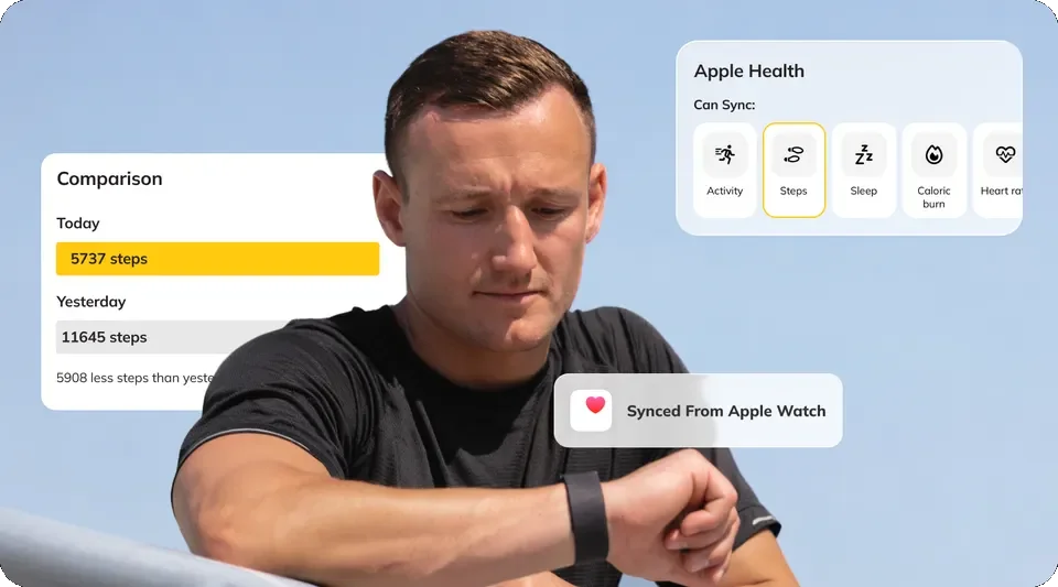 Man checking a smartwatch beside app panels comparing daily steps and Apple Health sync options