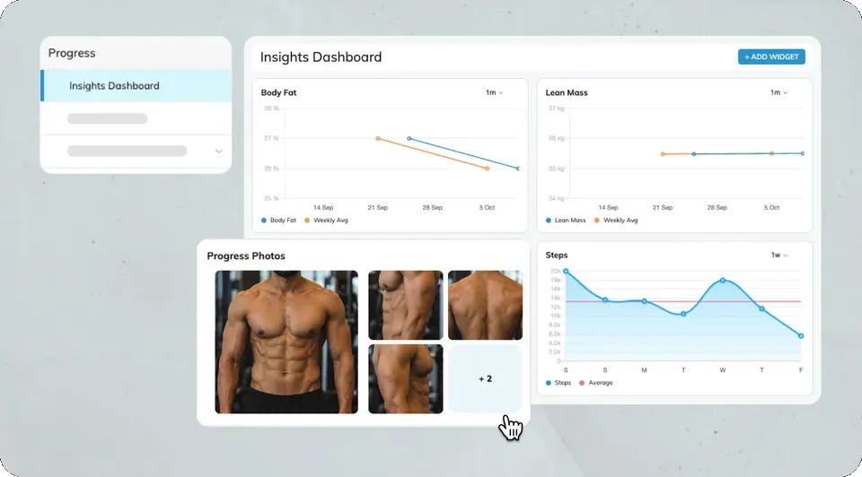 Progress dashboard with body fat and lean mass trend graphs, progress photos and a weekly steps chart