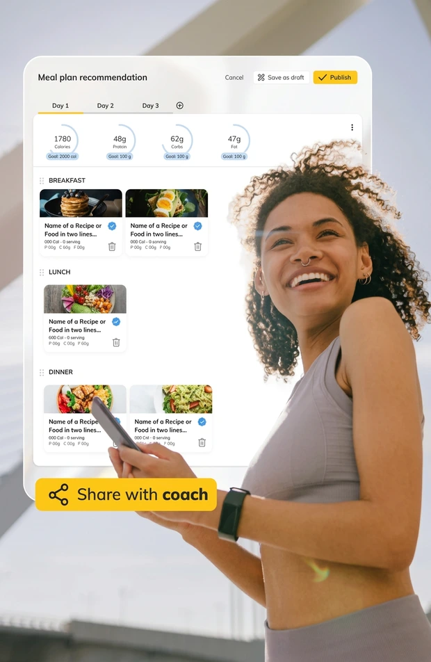 Meal plan screen in the coaching app showing breakfast, lunch and dinner options with calorie and protein totals
