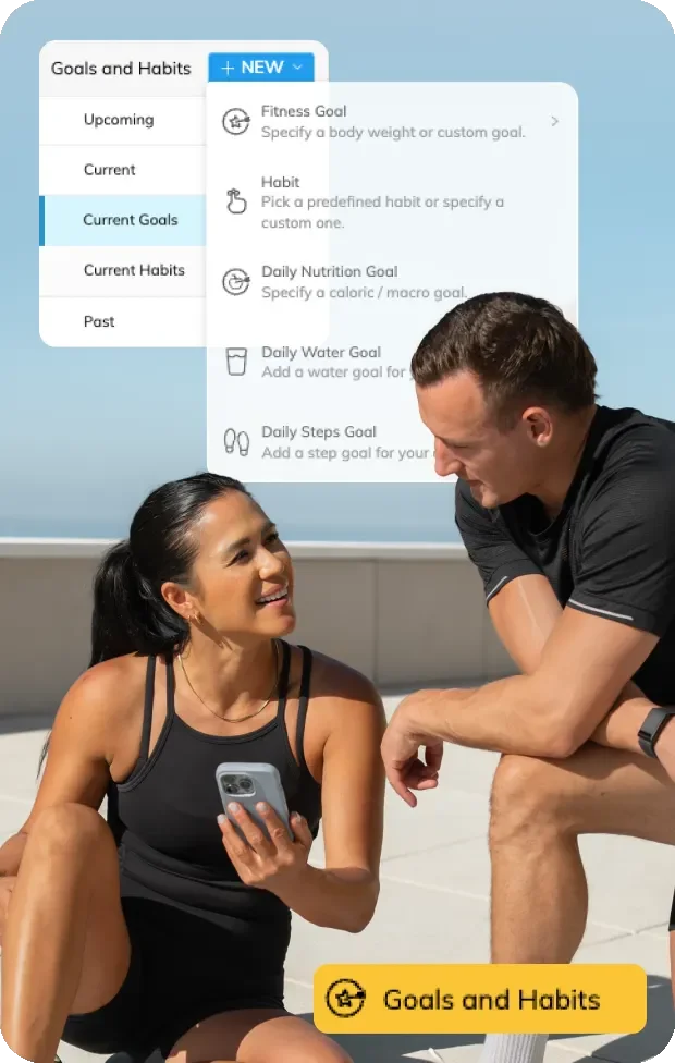 Coaching app goals menu showing a daily steps goal option next to a coach and client reviewing a phone